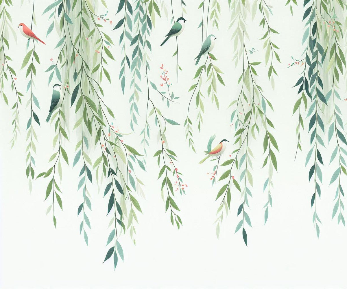 Papier peint feuillage oiseaux et feuilles tombantes