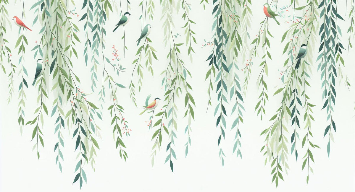 Papier peint feuillage oiseaux et feuilles tombantes