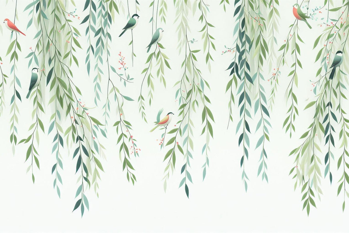 Papier peint feuillage oiseaux et feuilles tombantes