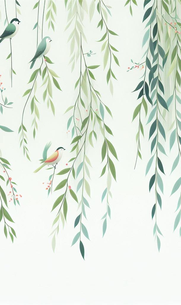 Papier peint feuillage oiseaux et feuilles tombantes
