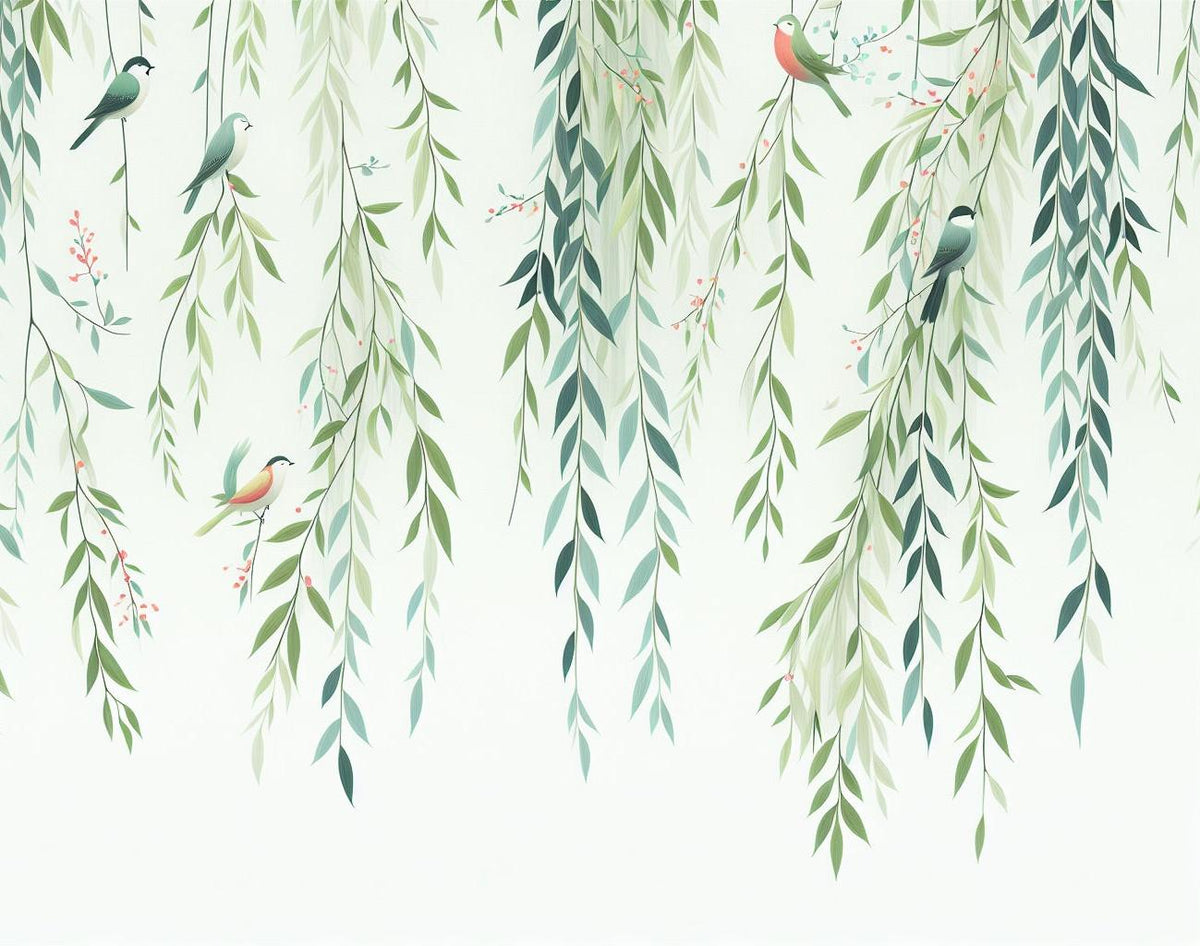 Papier peint feuillage oiseaux et feuilles tombantes