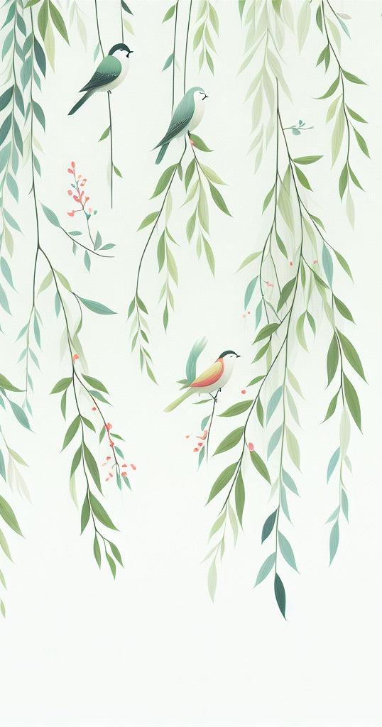 Papier peint feuillage oiseaux et feuilles tombantes