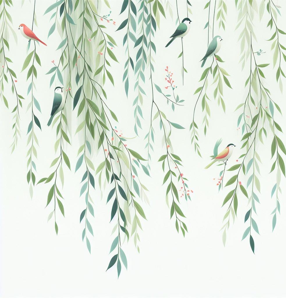 Papier peint feuillage oiseaux et feuilles tombantes