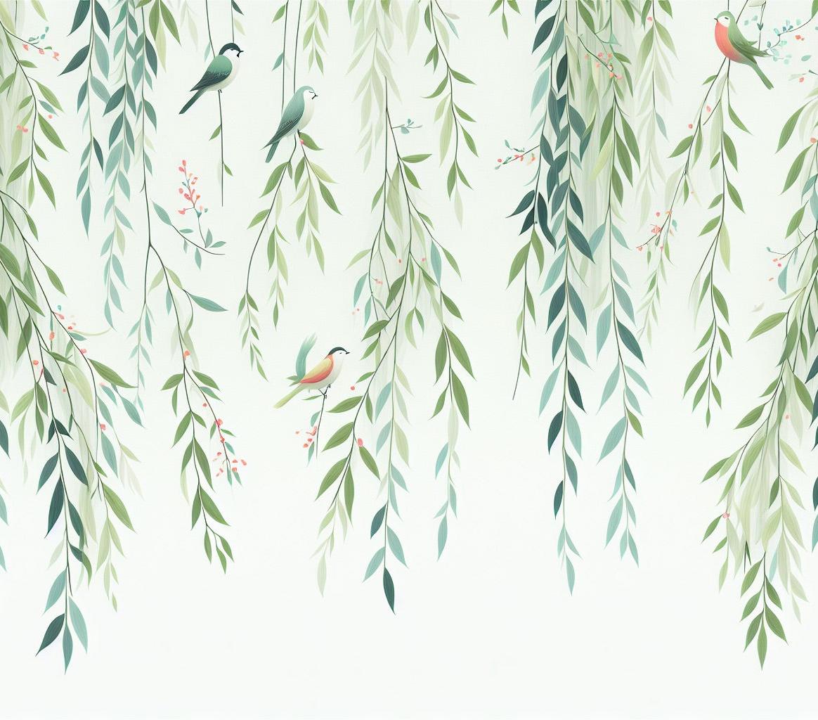 Papier peint feuillage oiseaux et feuilles tombantes