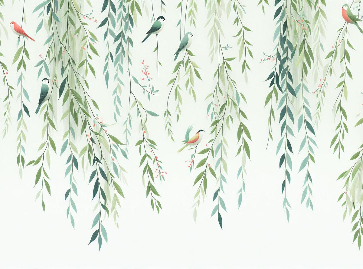 Papier peint feuillage oiseaux et feuilles tombantes