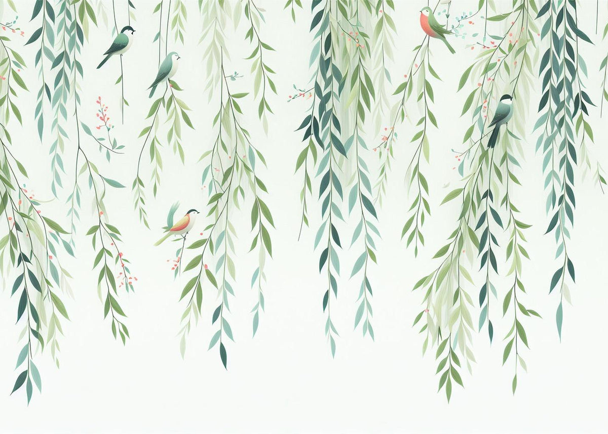 Papier peint feuillage oiseaux et feuilles tombantes