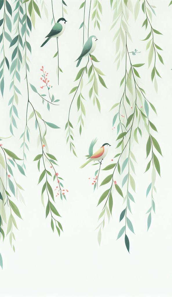 Papier peint feuillage oiseaux et feuilles tombantes