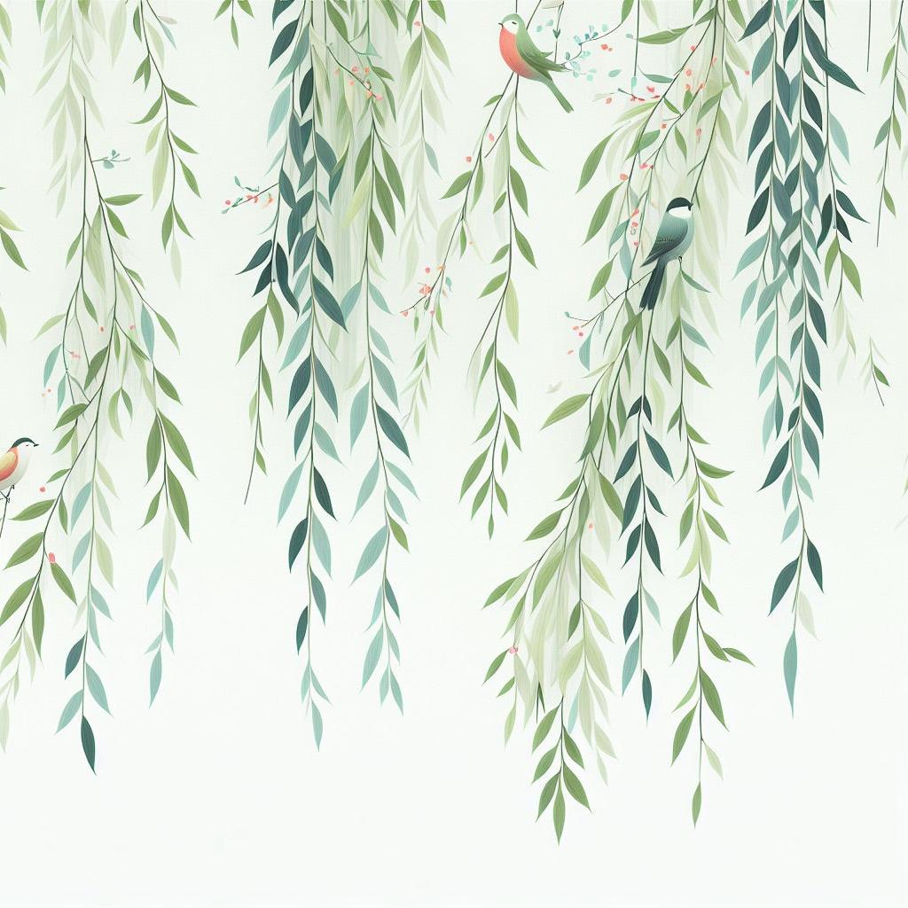 Papier peint feuillage oiseaux et feuilles tombantes