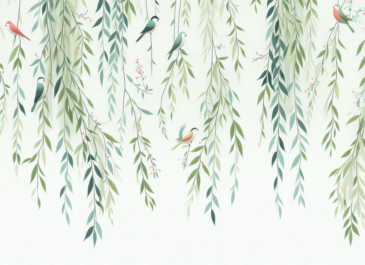 Papier peint feuillage oiseaux et feuilles tombantes