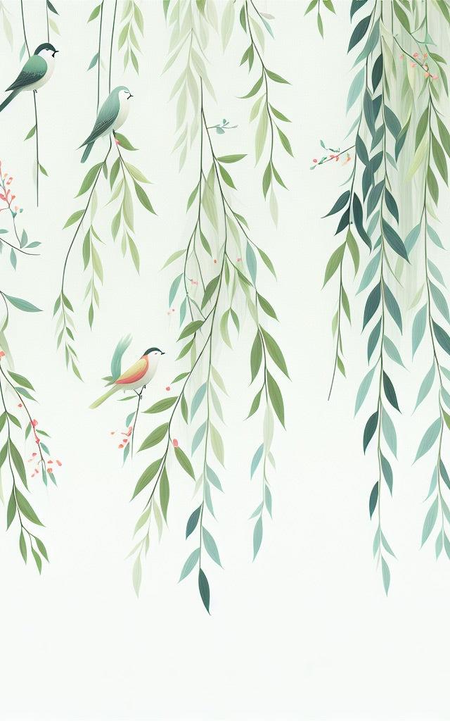 Papier peint feuillage oiseaux et feuilles tombantes