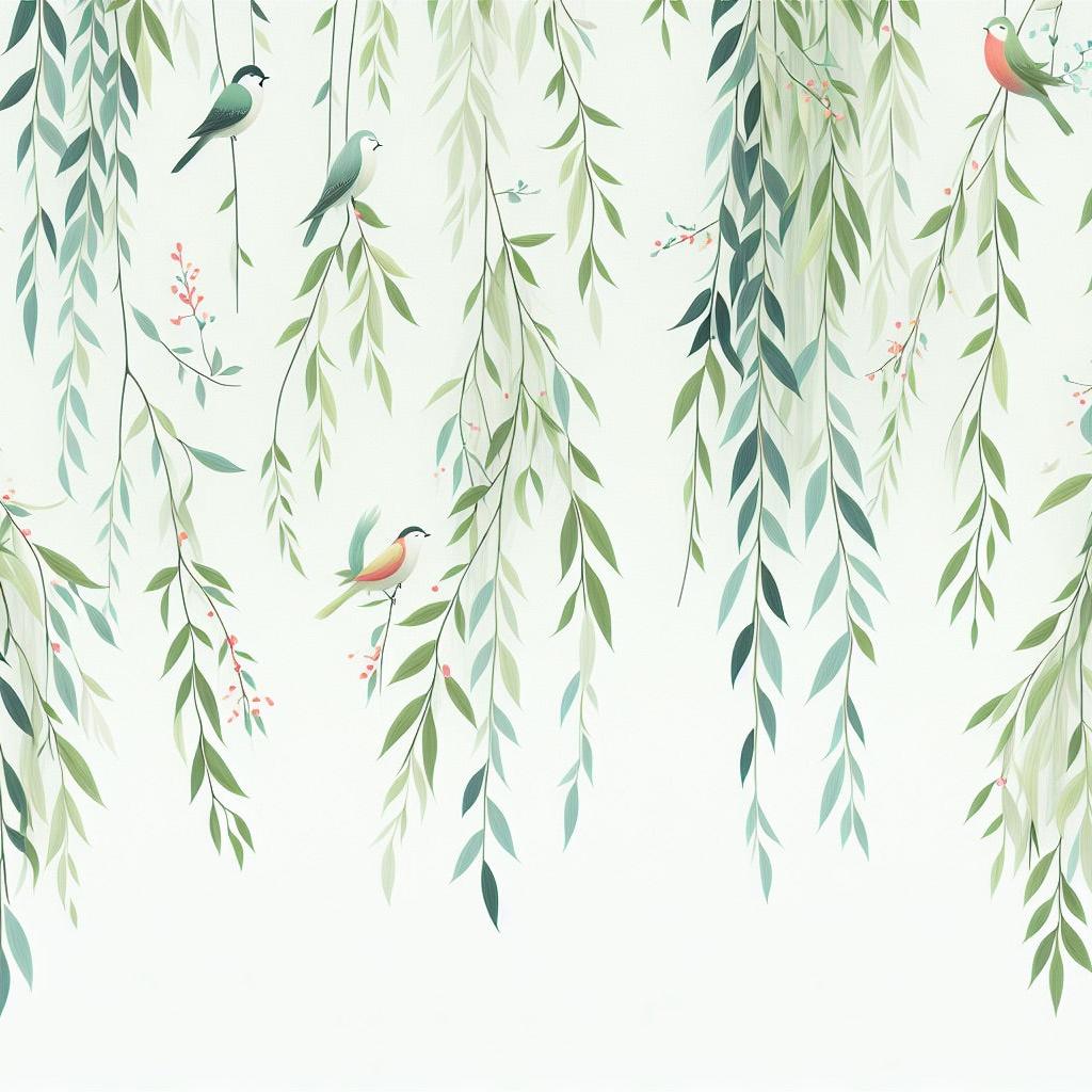 Papier peint feuillage oiseaux et feuilles tombantes