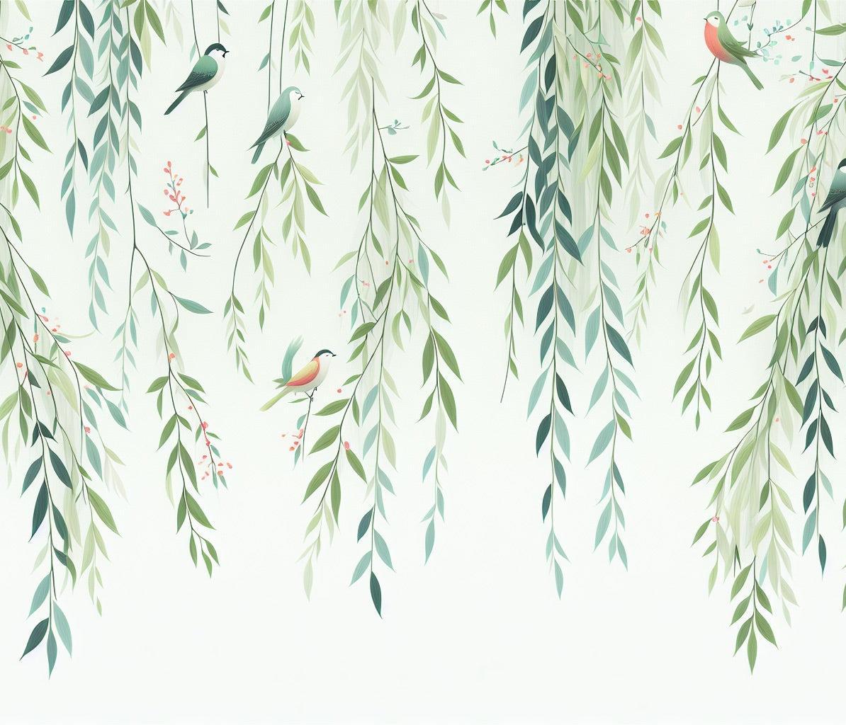 Papier peint feuillage oiseaux et feuilles tombantes