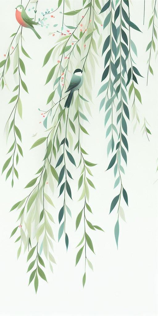 Papier peint feuillage oiseaux et feuilles tombantes