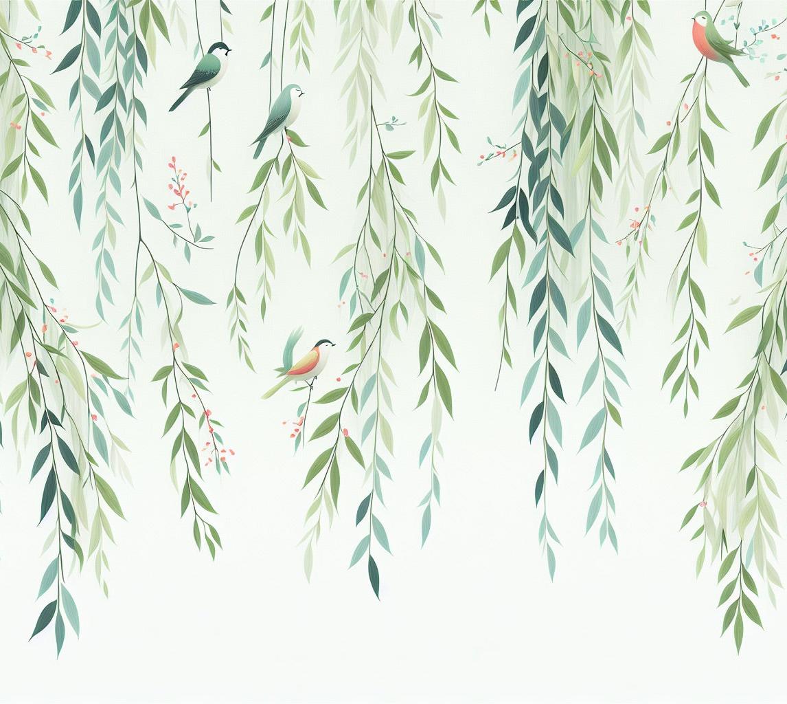 Papier peint feuillage oiseaux et feuilles tombantes