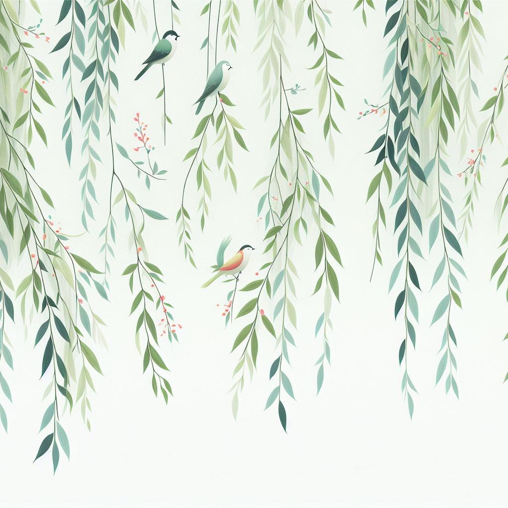 Papier peint feuillage oiseaux et feuilles tombantes