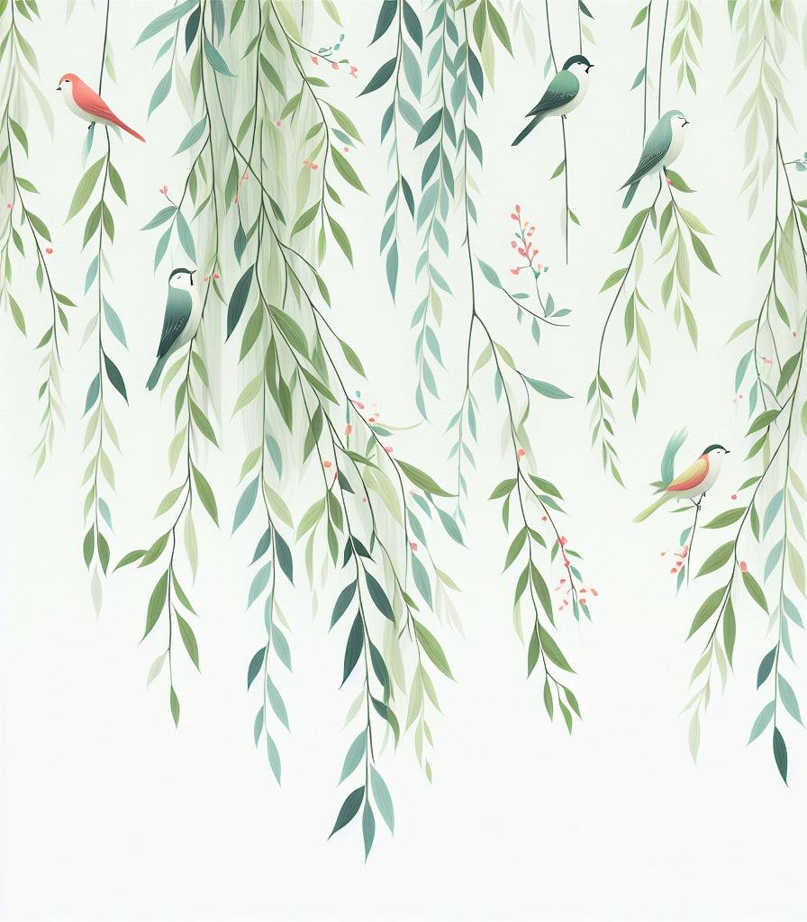 Papier peint feuillage oiseaux et feuilles tombantes