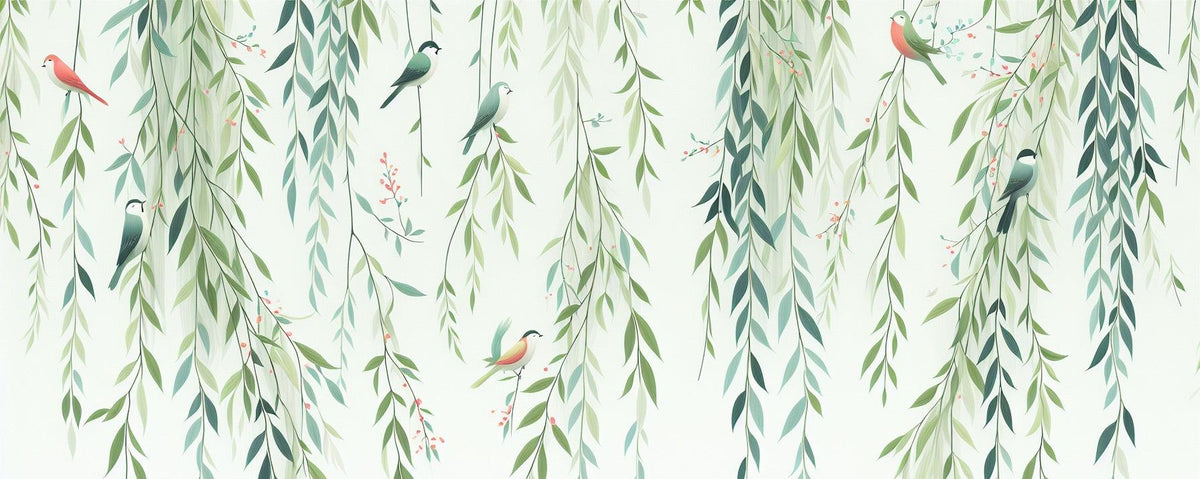 Papier peint feuillage oiseaux et feuilles tombantes