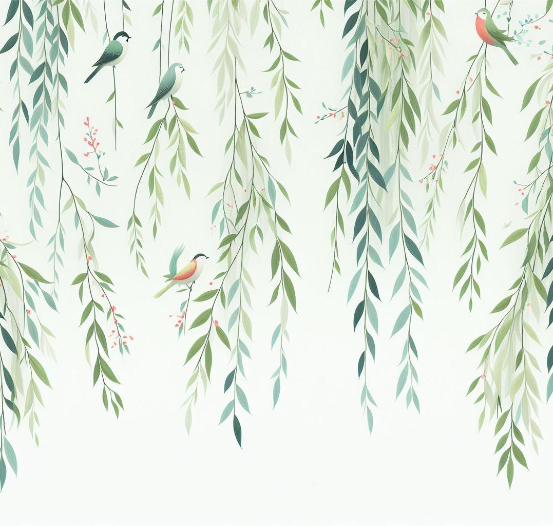 Papier peint feuillage oiseaux et feuilles tombantes