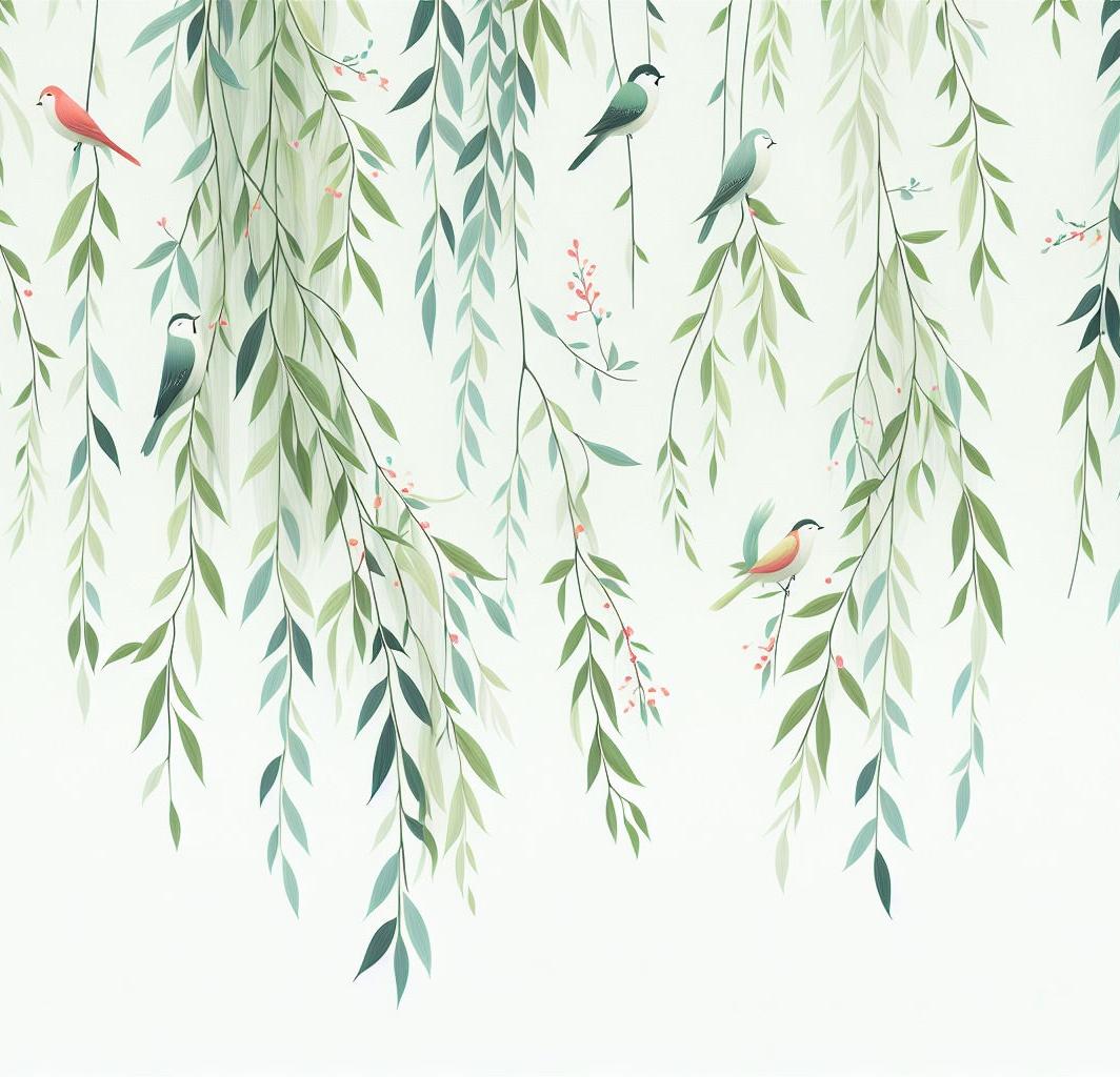 Papier peint feuillage oiseaux et feuilles tombantes
