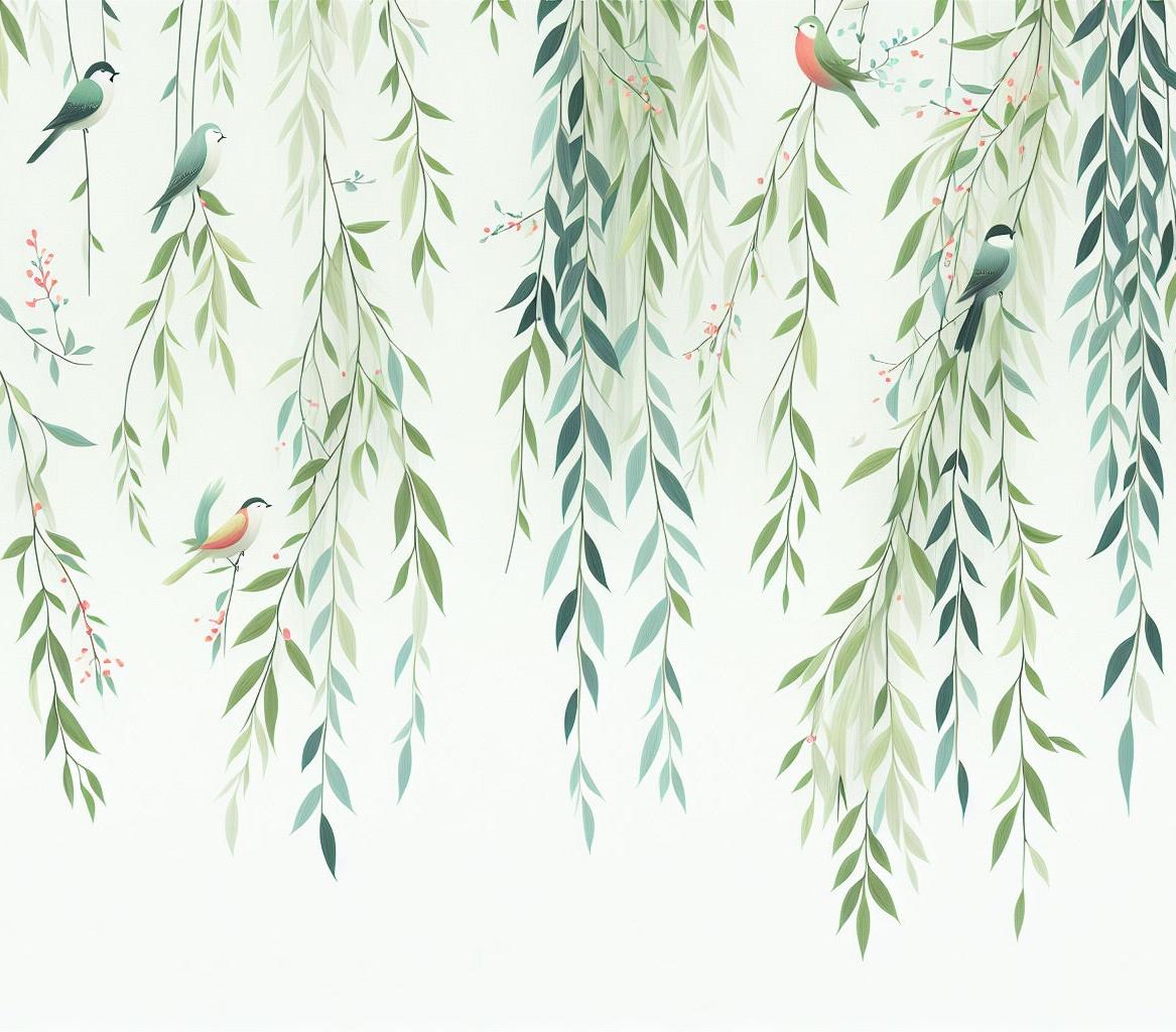 Papier peint feuillage oiseaux et feuilles tombantes