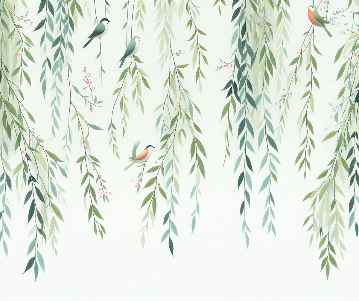 Papier peint feuillage oiseaux et feuilles tombantes