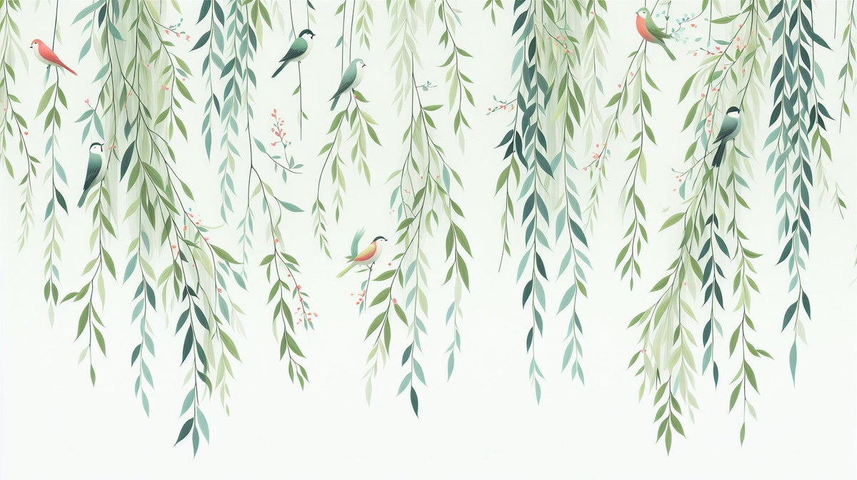 Papier peint feuillage oiseaux et feuilles tombantes