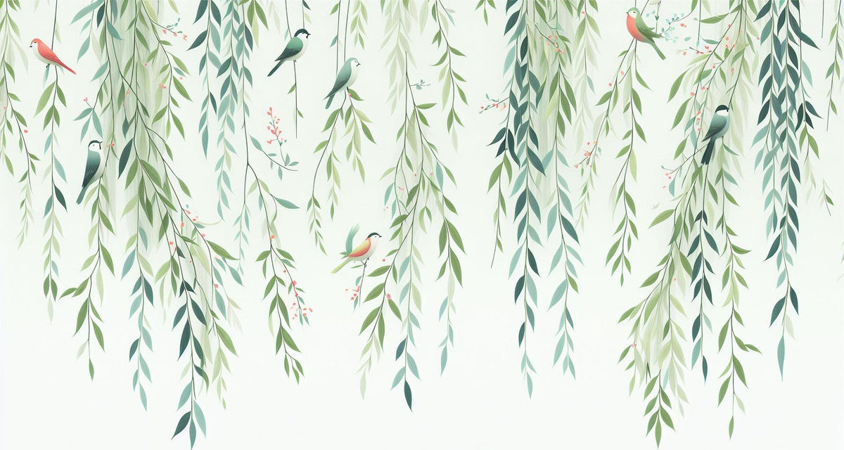 Papier peint feuillage oiseaux et feuilles tombantes