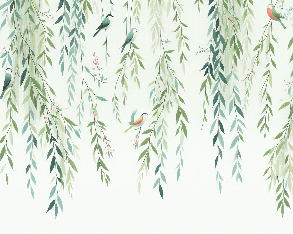 Papier peint feuillage oiseaux et feuilles tombantes