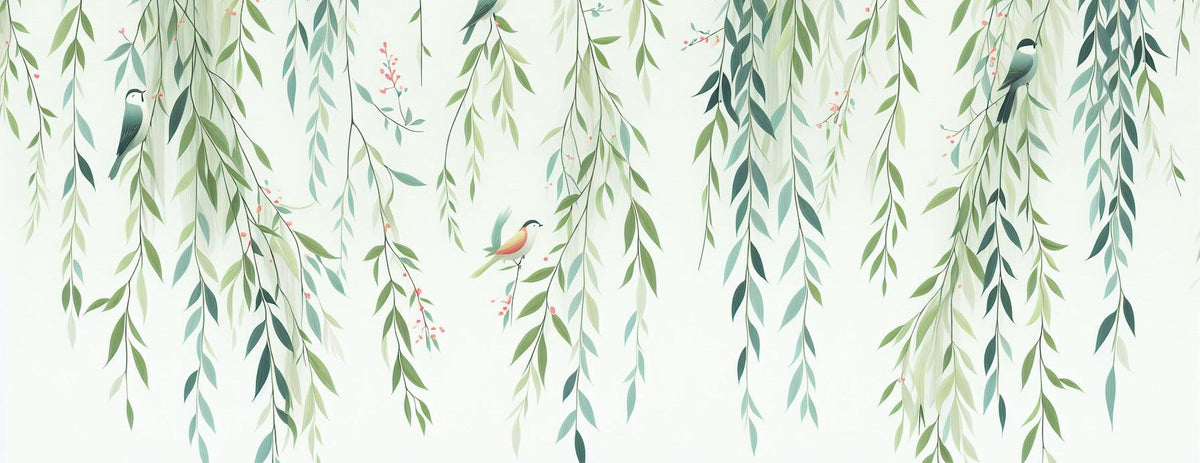 Papier peint feuillage oiseaux et feuilles tombantes
