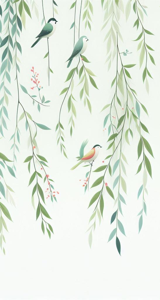 Papier peint feuillage oiseaux et feuilles tombantes