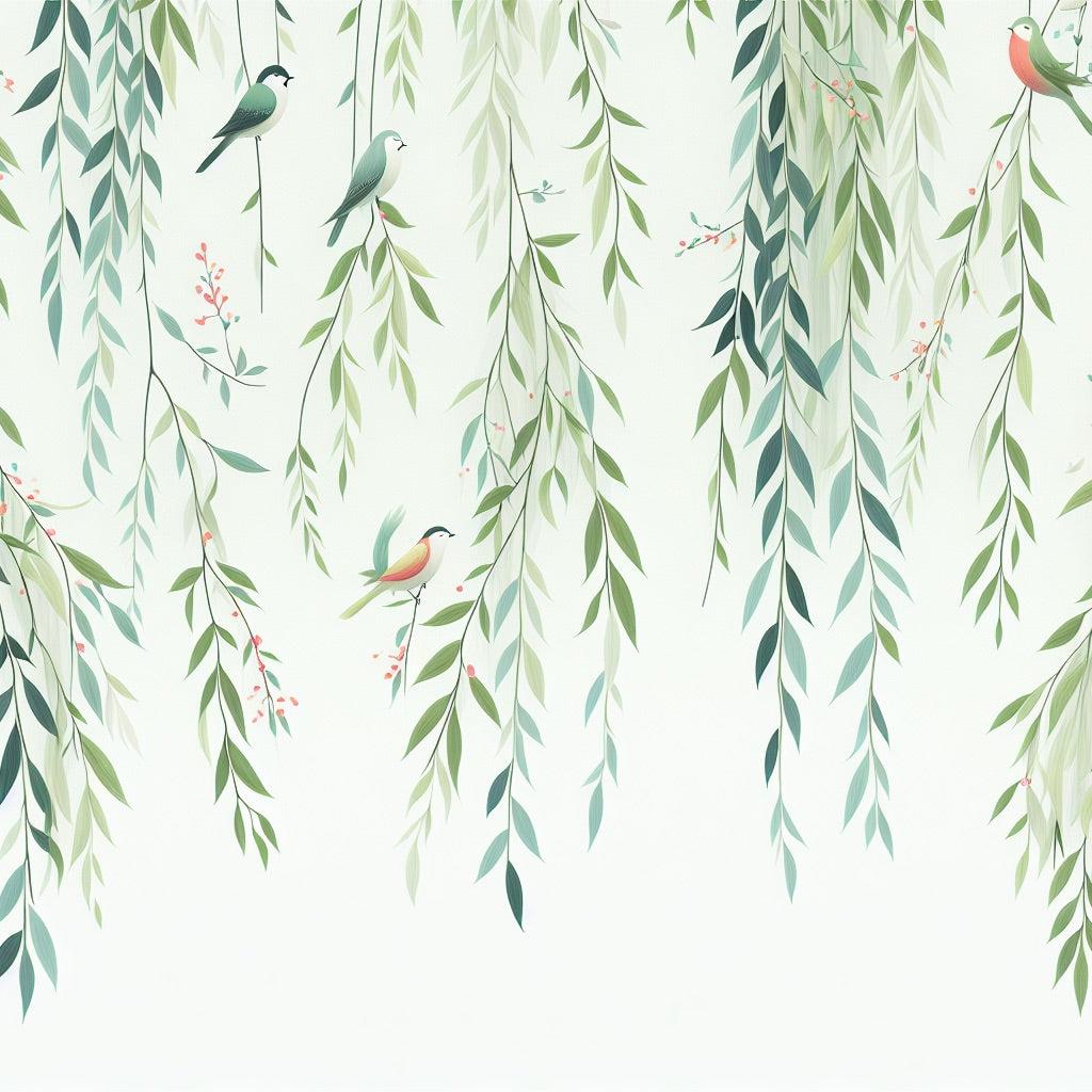 Papier peint feuillage oiseaux et feuilles tombantes