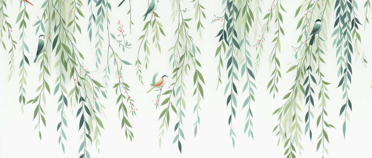 Papier peint feuillage oiseaux et feuilles tombantes
