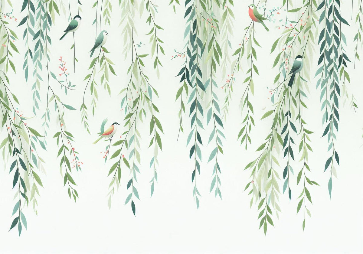 Papier peint feuillage oiseaux et feuilles tombantes