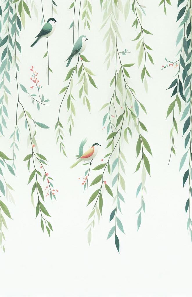 Papier peint feuillage oiseaux et feuilles tombantes