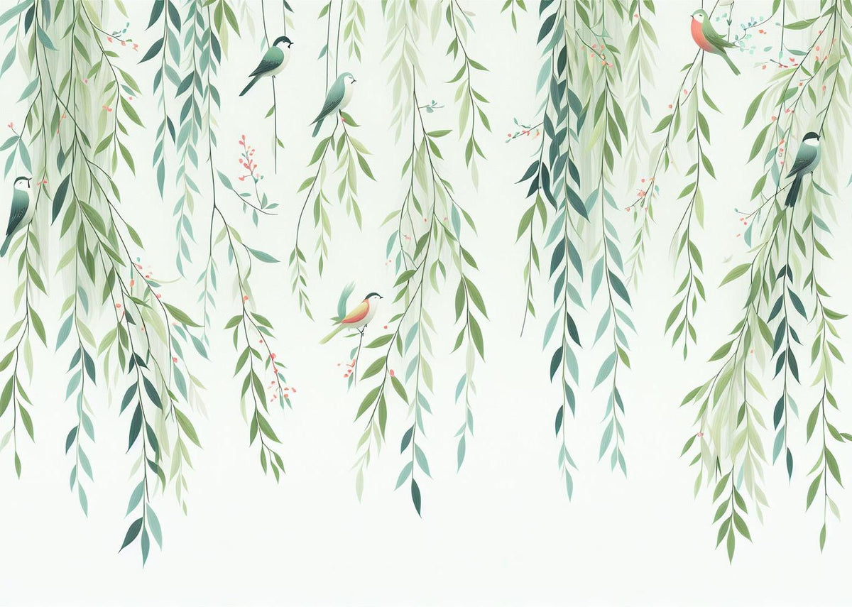 Papier peint feuillage oiseaux et feuilles tombantes