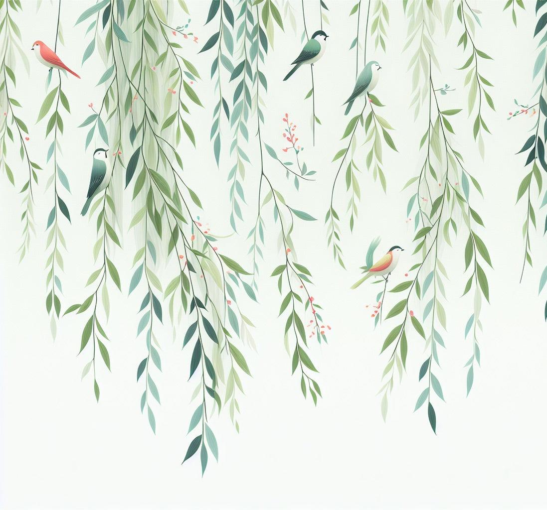 Papier peint feuillage oiseaux et feuilles tombantes