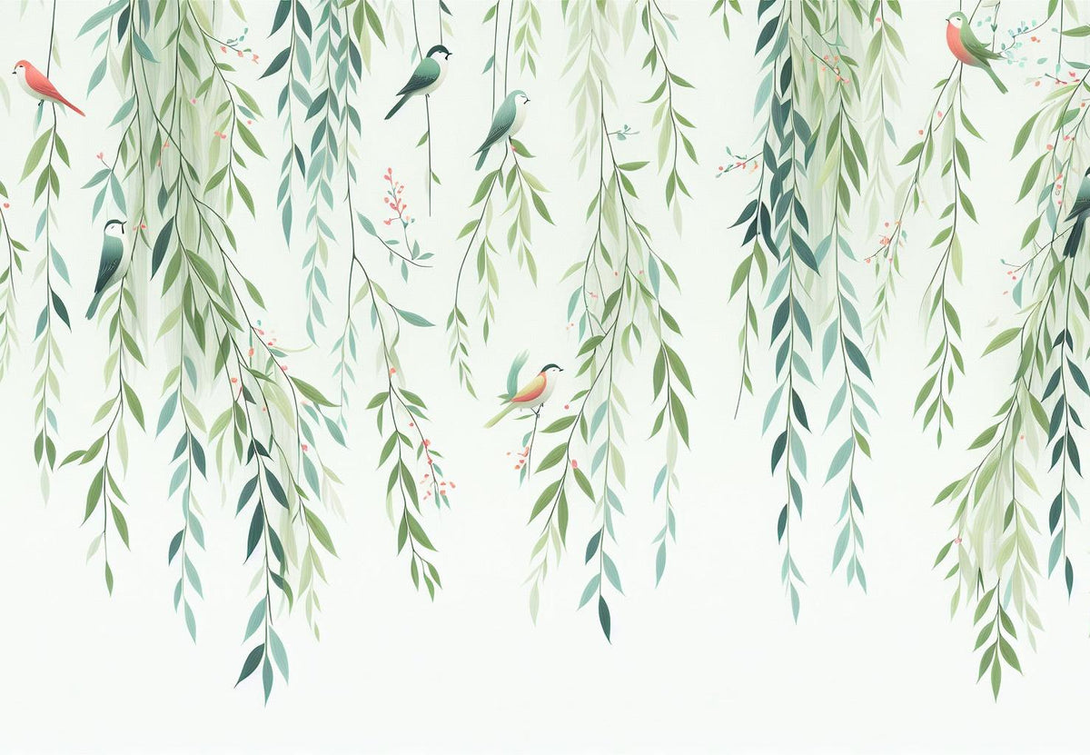 Papier peint feuillage oiseaux et feuilles tombantes