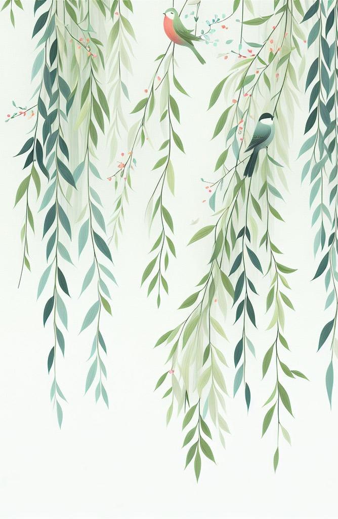 Papier peint feuillage oiseaux et feuilles tombantes
