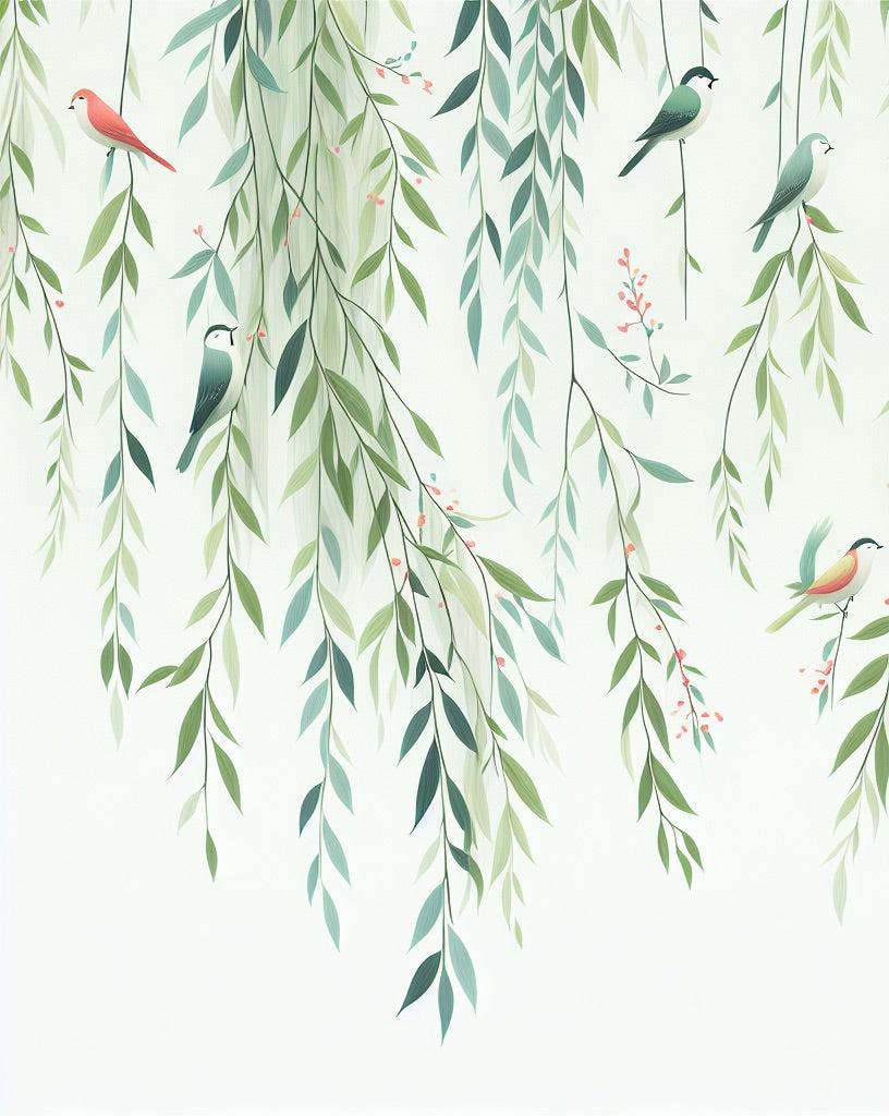 Papier peint feuillage oiseaux et feuilles tombantes