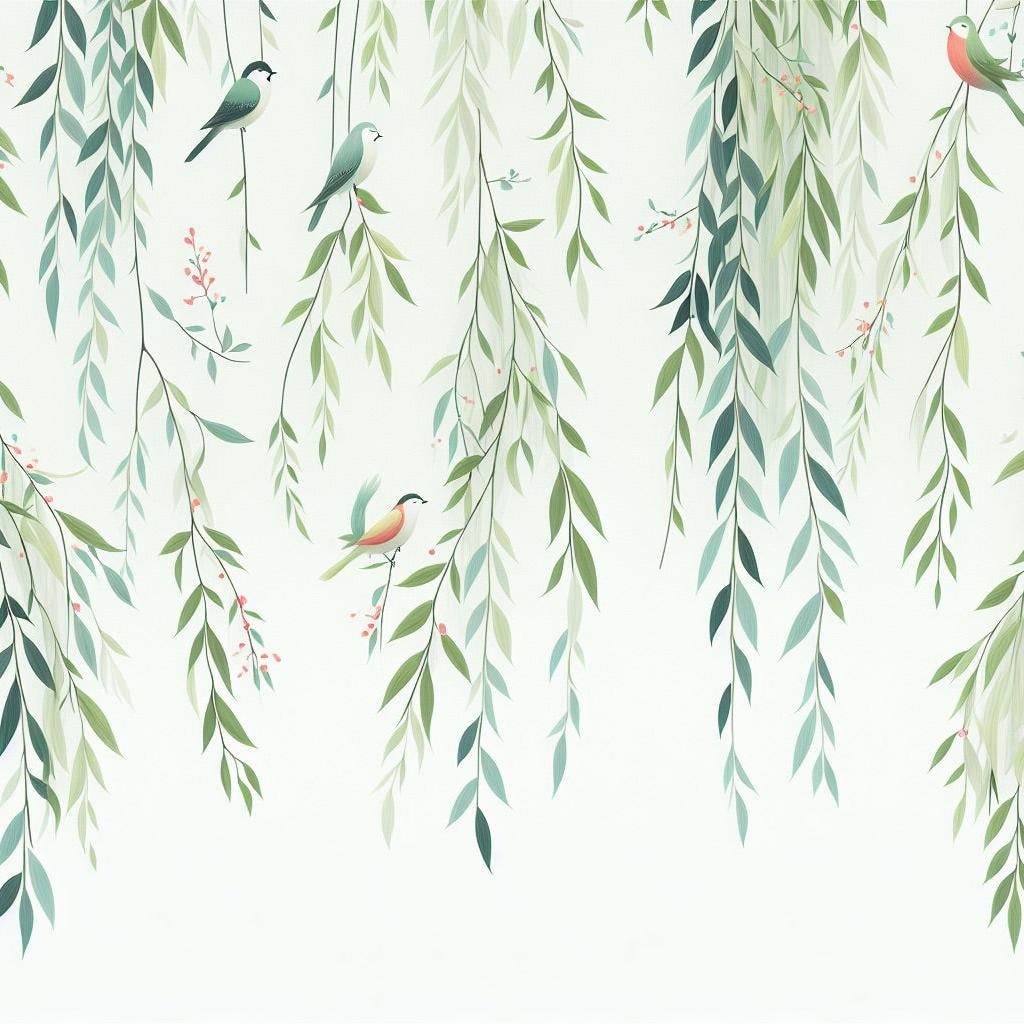 Papier peint feuillage oiseaux et feuilles tombantes