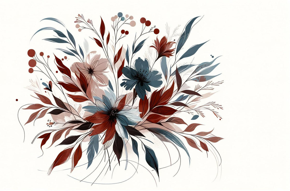 Papier peint floral feuillages et pétales rouges