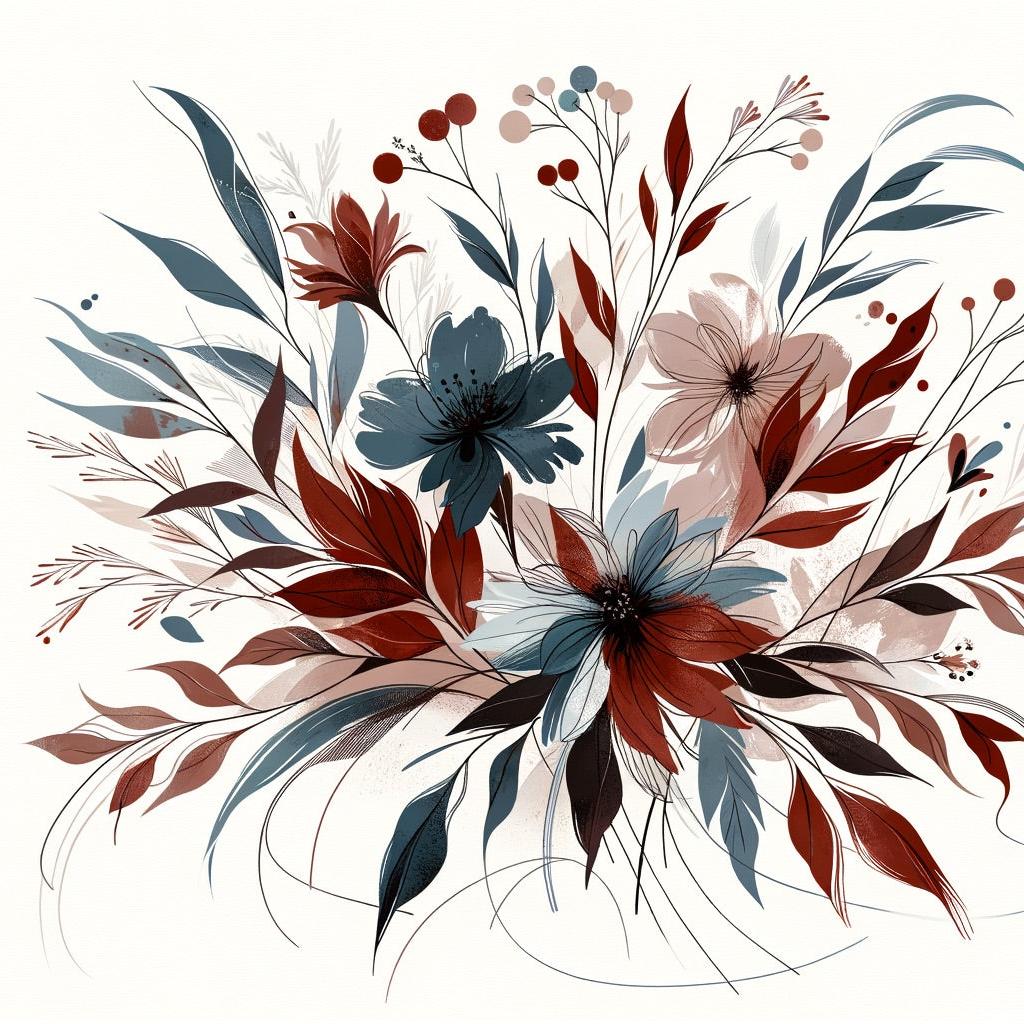Papier peint floral feuillages et pétales rouges