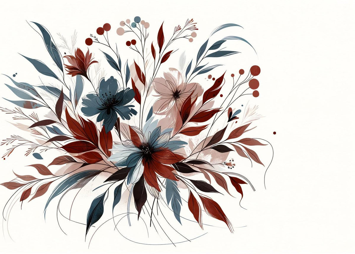 Papier peint floral feuillages et pétales rouges
