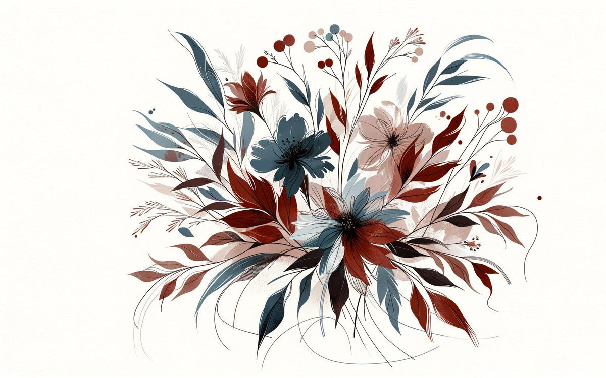 Papier peint floral feuillages et pétales rouges