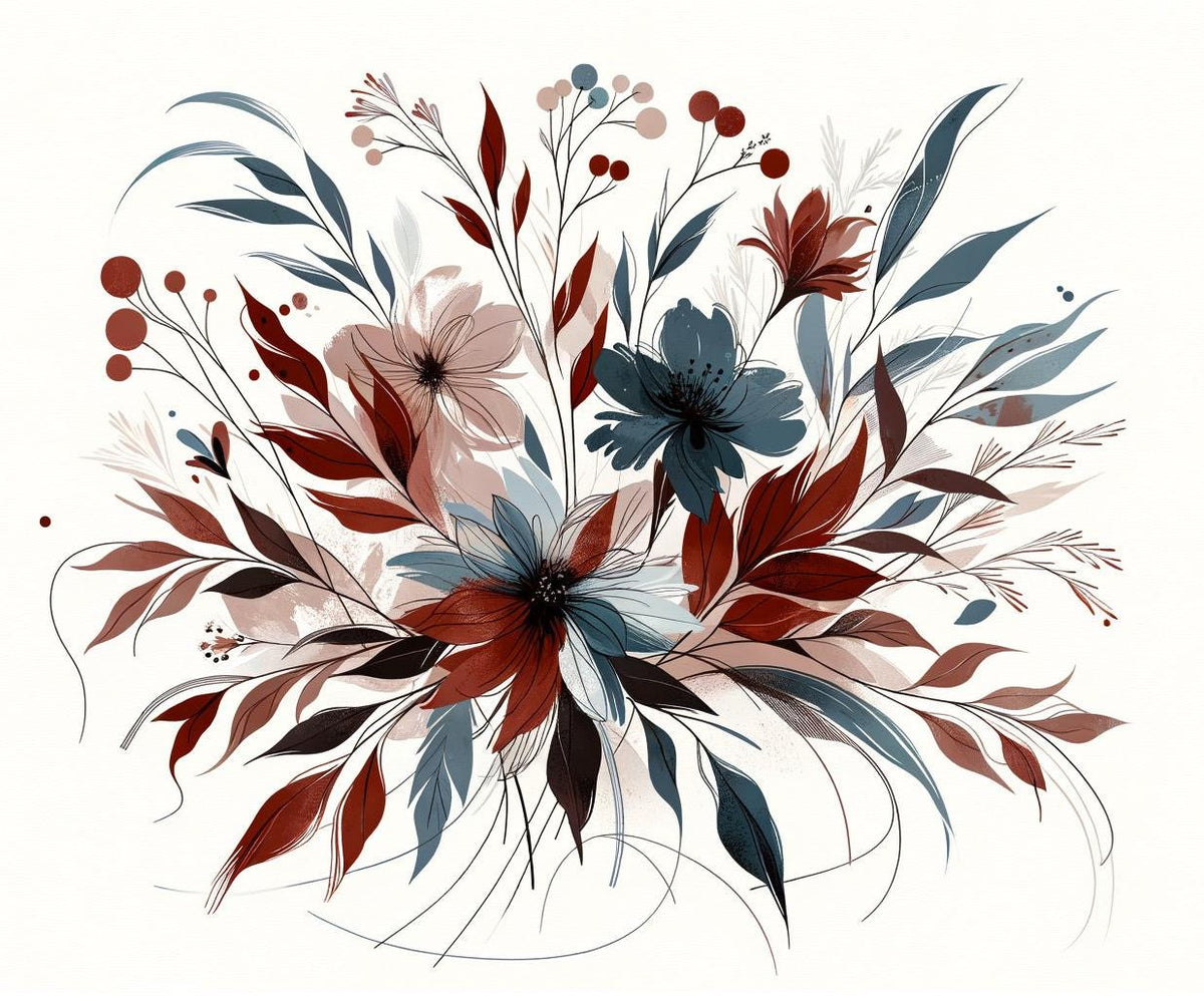 Papier peint floral feuillages et pétales rouges
