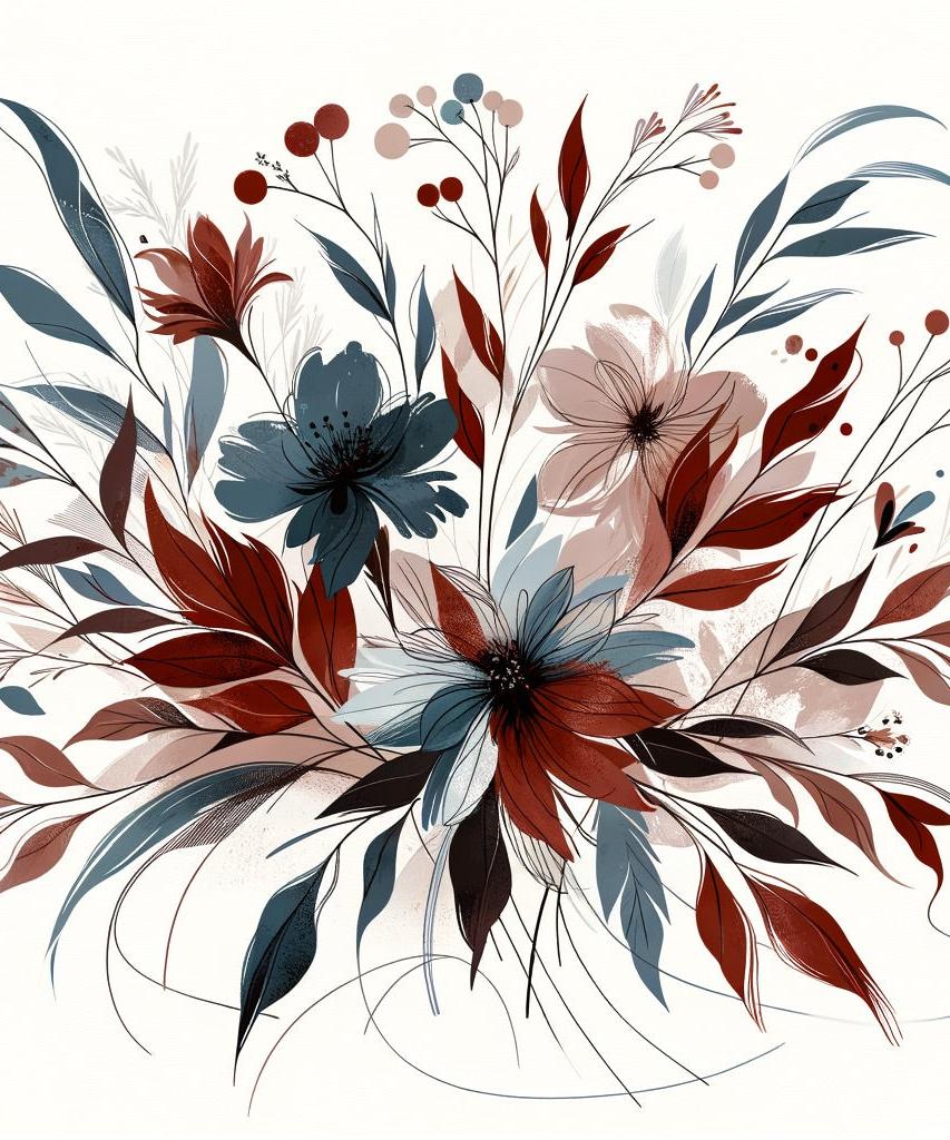 Papier peint floral feuillages et pétales rouges