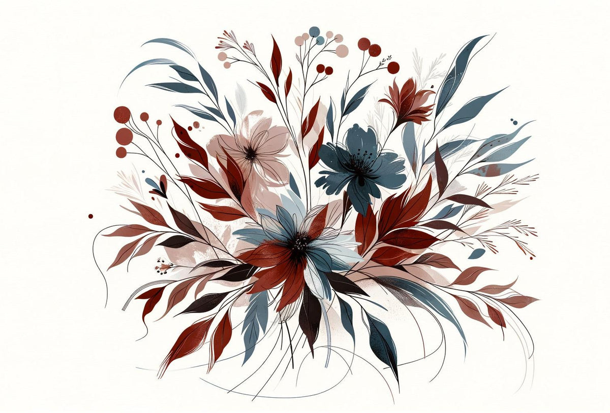 Papier peint floral feuillages et pétales rouges