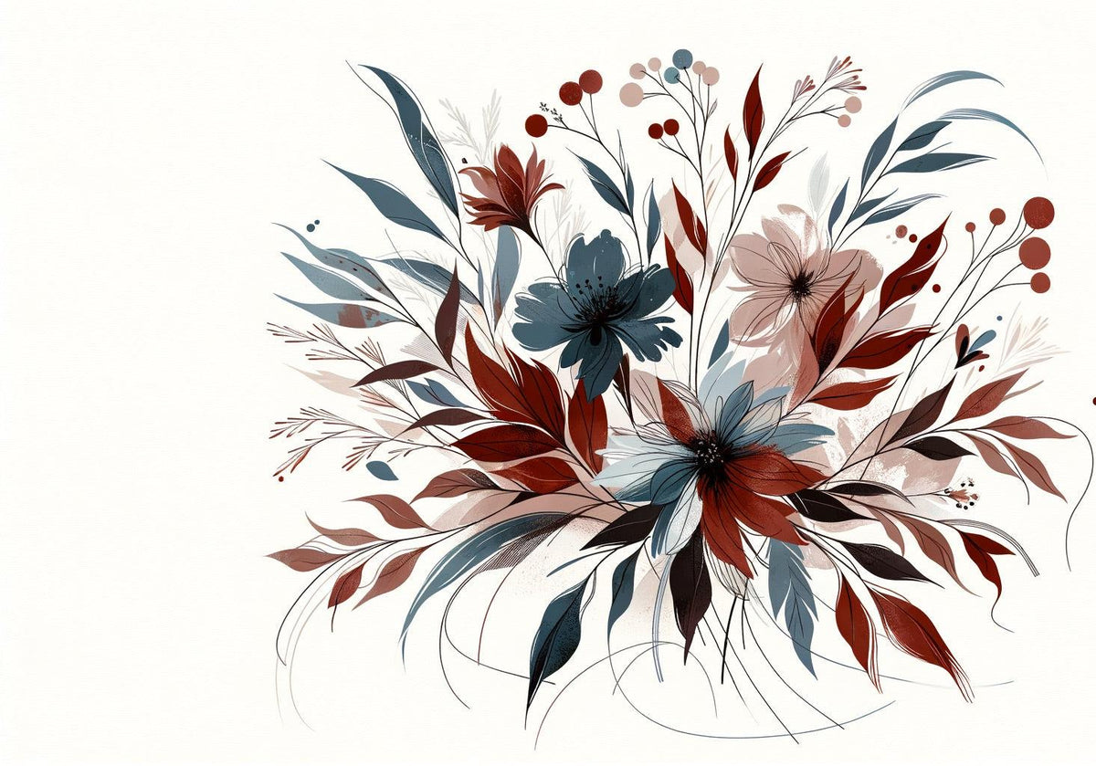 Papier peint floral feuillages et pétales rouges