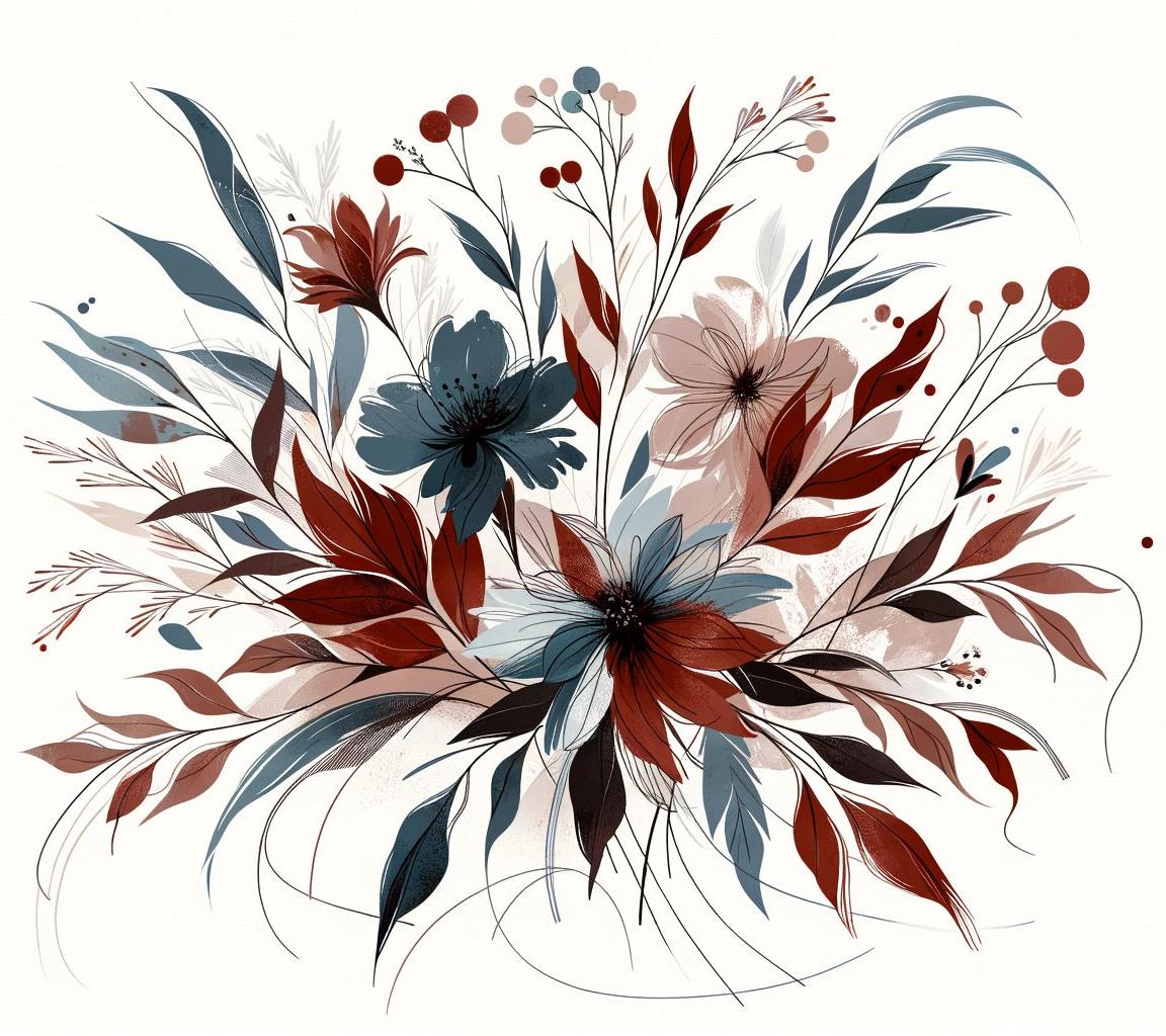 Papier peint floral feuillages et pétales rouges