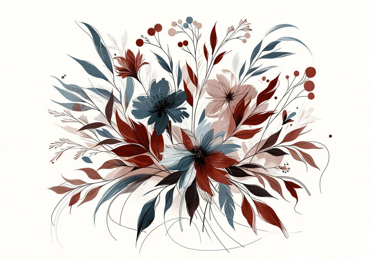 Papier peint floral feuillages et pétales rouges